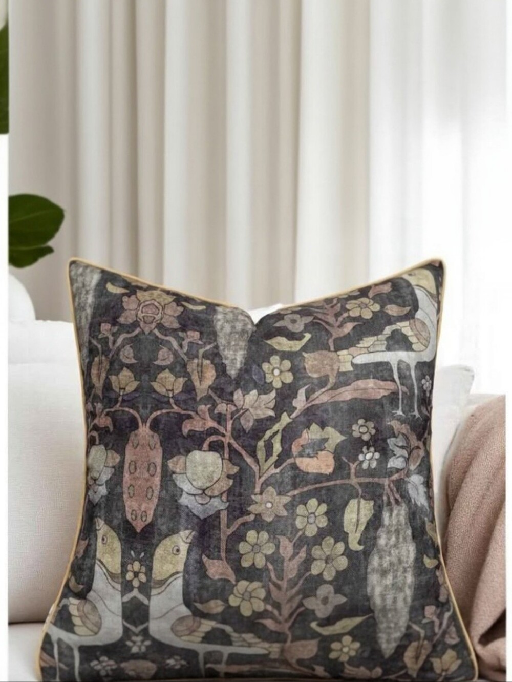 Decorative Folklore Bird And Floral Black Throw Pillow Cover with Gold Piping